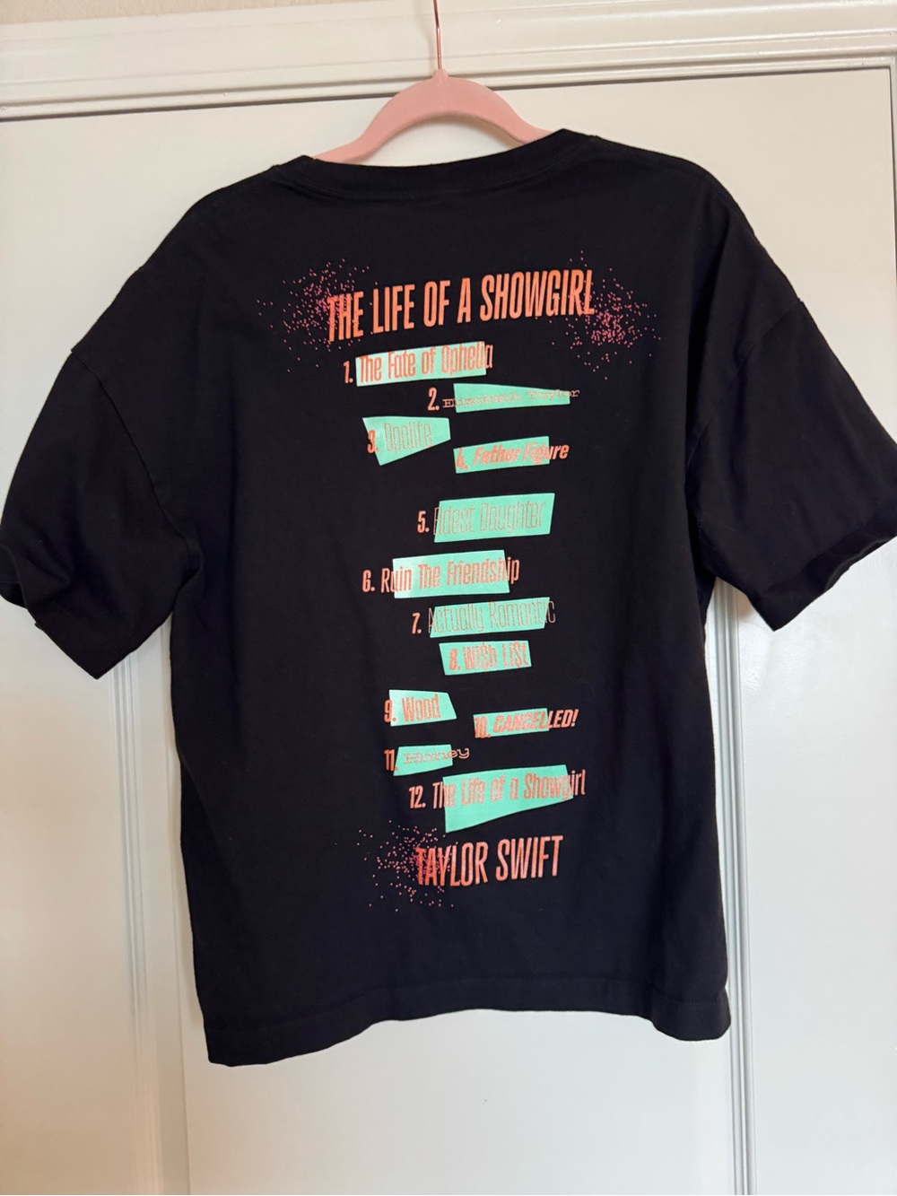 Taylor Swift Black Graphic Tee with Teal & Coral Showgirl Print - Picture 2 of 3